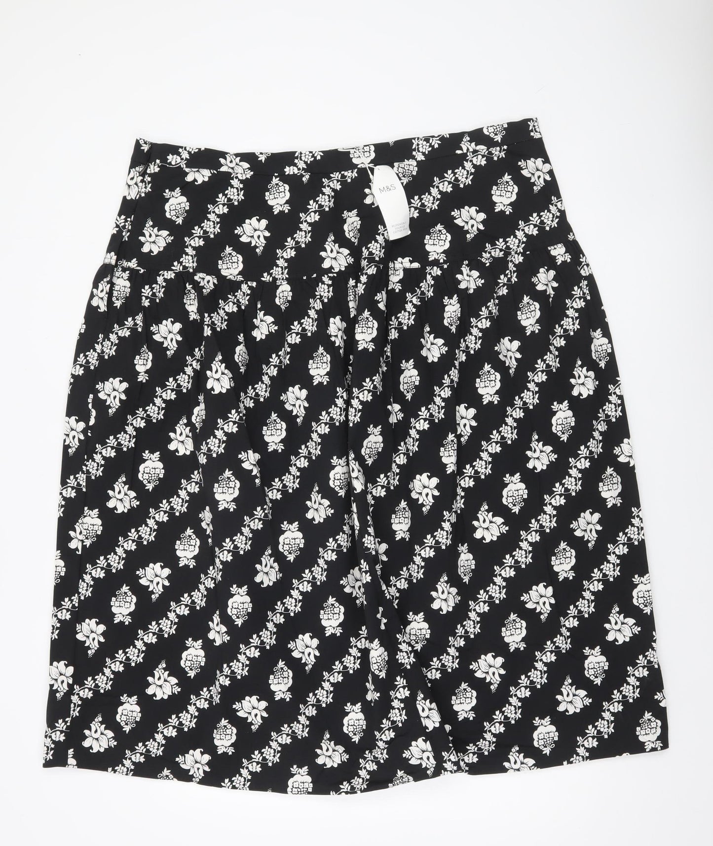 Marks and Spencer Women’s Black Floral Cotton Stretch Knee Length Skirt Size 22