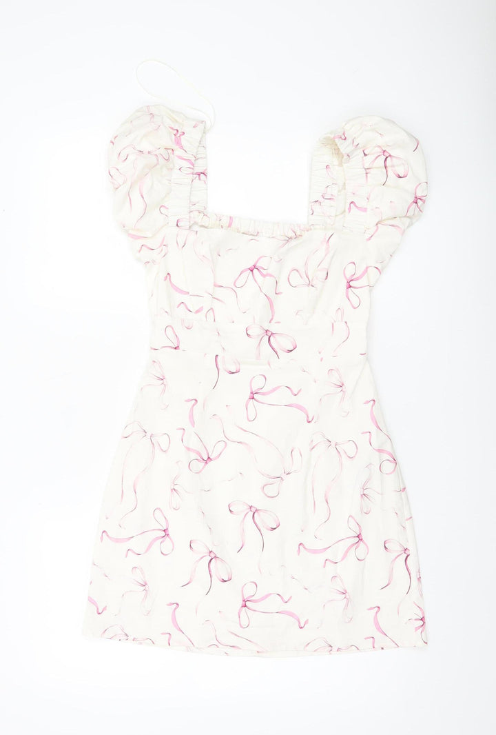 Stradivarius Women’s Ivory Puff Sleeve A-Line Short Dress Size 12