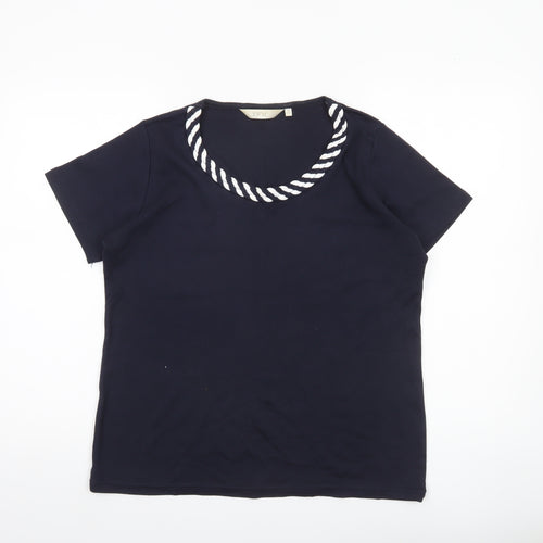 EWM Womens Blue Cotton Nautical Rope Neck T-Shirt Size 14 Short Sleeve
