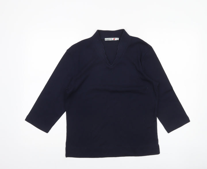 Poppy Womens Blue V-Neck 3/4 Sleeve Jersey Blouse Size 16