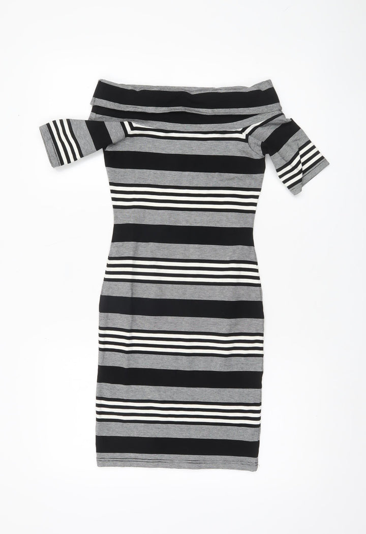 Miss Selfridge Women’s Black White Grey Striped Bodycon Dress Size 8