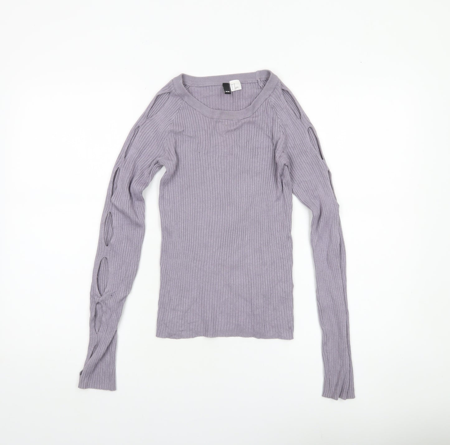Women's Purple XS Ribbed Cut-Out Sleeve Slim Pullover Jumper