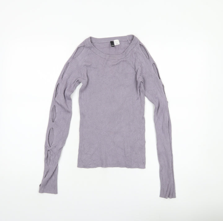 Women's Purple XS Ribbed Cut-Out Sleeve Slim Pullover Jumper