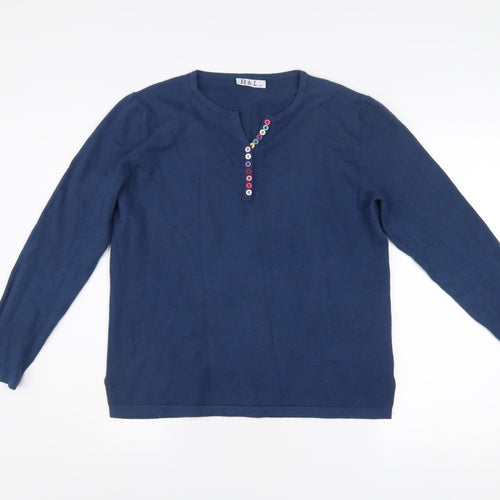 H&L Womens Blue Henley Jumper M Long Sleeve Knit V Neck Cotton Blend