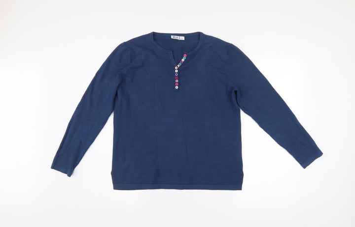 H&L Womens Blue Henley Jumper M Long Sleeve Knit V Neck Cotton Blend