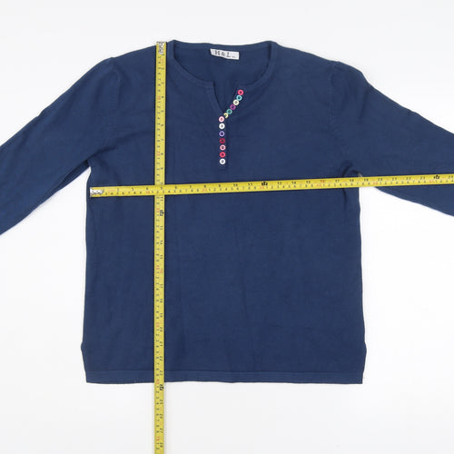 H&L Womens Blue Henley Jumper M Long Sleeve Knit V Neck Cotton Blend