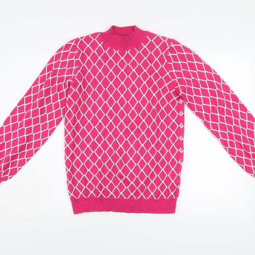 Savida Women’s Pink Mock Neck Pullover Jumper Size 10 Argyle Knit