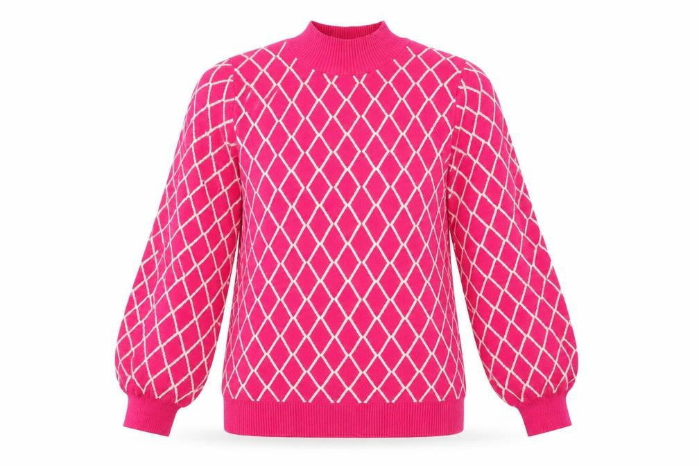 Front view of Savida Women’s Pink Mock Neck jumper, size UK 10, Argyle Knit