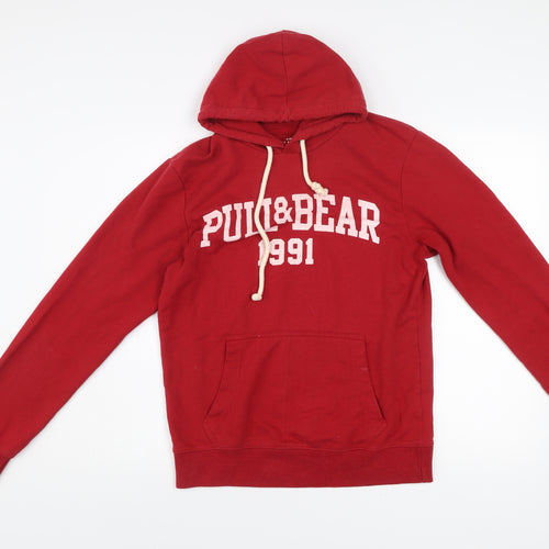 Pull&Bear Mens Red Small Pullover Hoodie Graphic Logo Hooded Sweatshirt