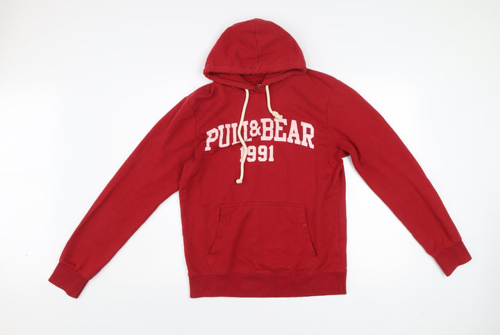 Pull&Bear Mens Red Small Pullover Hoodie Graphic Logo Hooded Sweatshirt