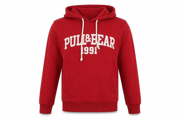 Pull&Bear Mens Red Small Pullover Hoodie Graphic Logo Hooded Sweatshirt