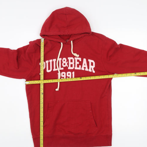 Pull&Bear Mens Red Small Pullover Hoodie Graphic Logo Hooded Sweatshirt