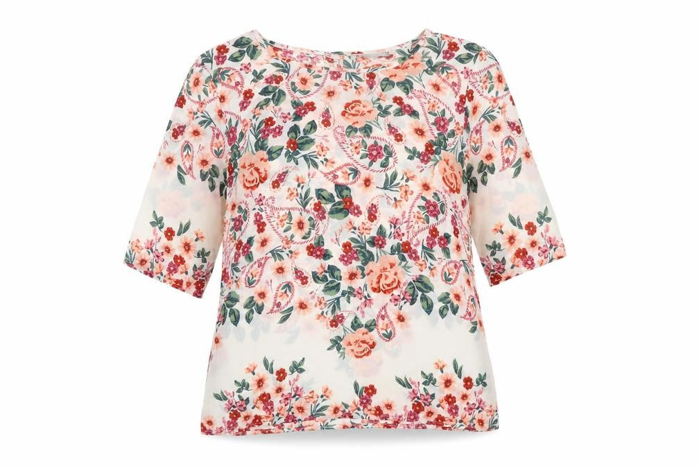 Front view of Peacocks Women’s Multicoloured Floral Blouse, size UK 10, Tunic Style