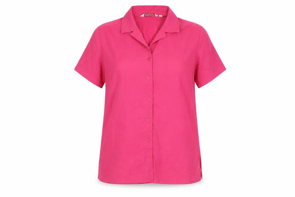Front view of EWM Women Pink Short Sleeve Collared Button-Up Shirt, size 12
