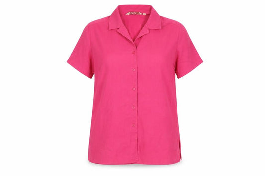 Front view of EWM Women Pink Short Sleeve Collared Button-Up Shirt, size 12