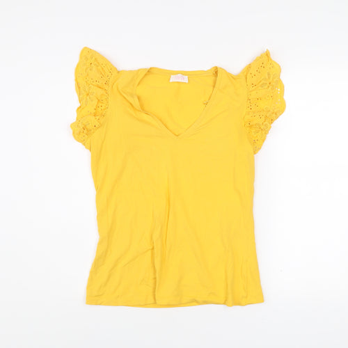 Savida Womens Yellow Embroidered Flutter Sleeve V-Neck T-Shirt Size 12