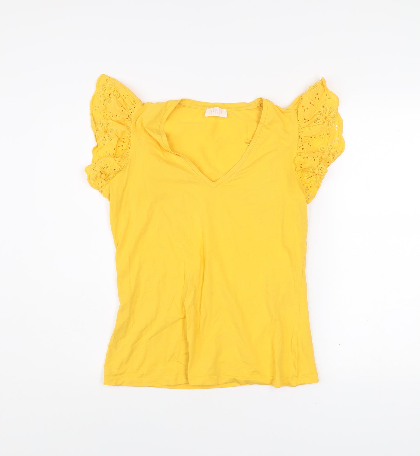 Savida Womens Yellow Embroidered Flutter Sleeve V-Neck T-Shirt Size 12