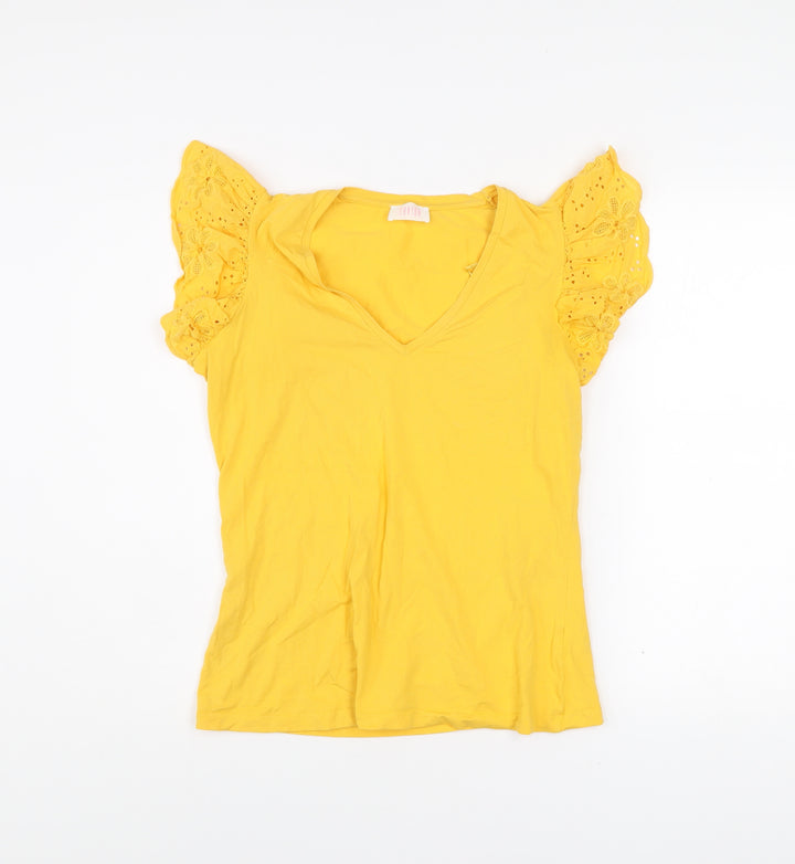 Savida Womens Yellow Embroidered Flutter Sleeve V-Neck T-Shirt Size 12