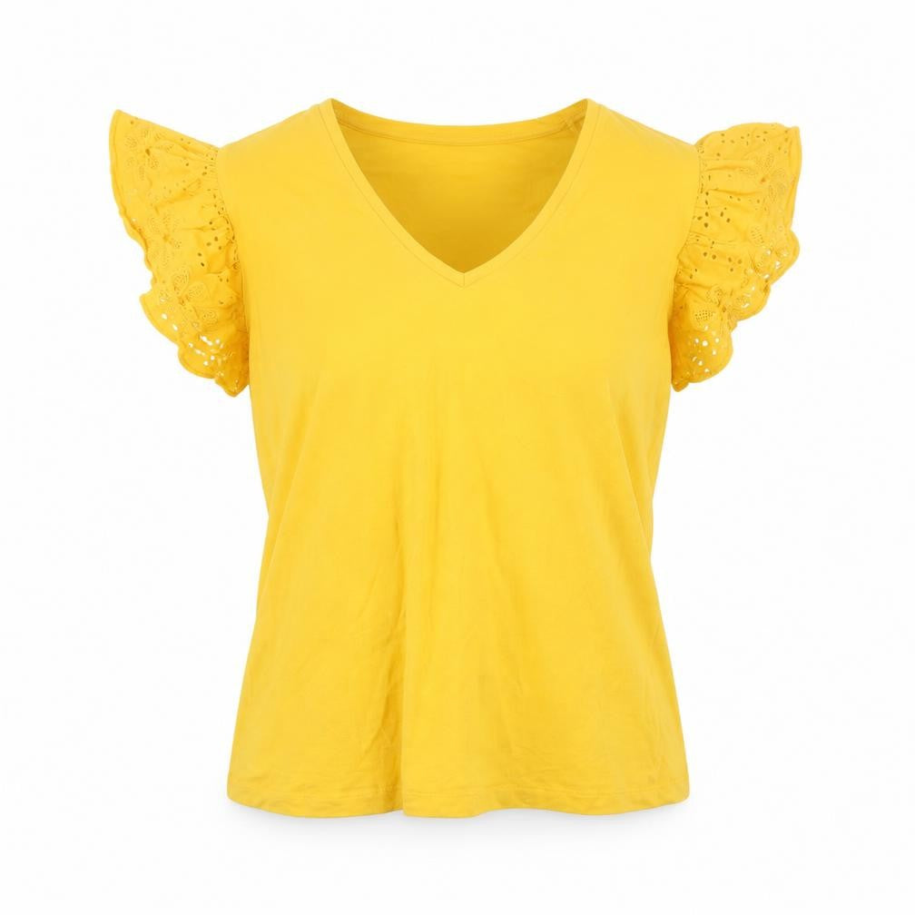 Savida Womens Yellow Embroidered Flutter Sleeve V-Neck T-Shirt Size 12