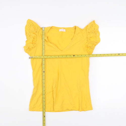 Savida Womens Yellow Embroidered Flutter Sleeve V-Neck T-Shirt Size 12