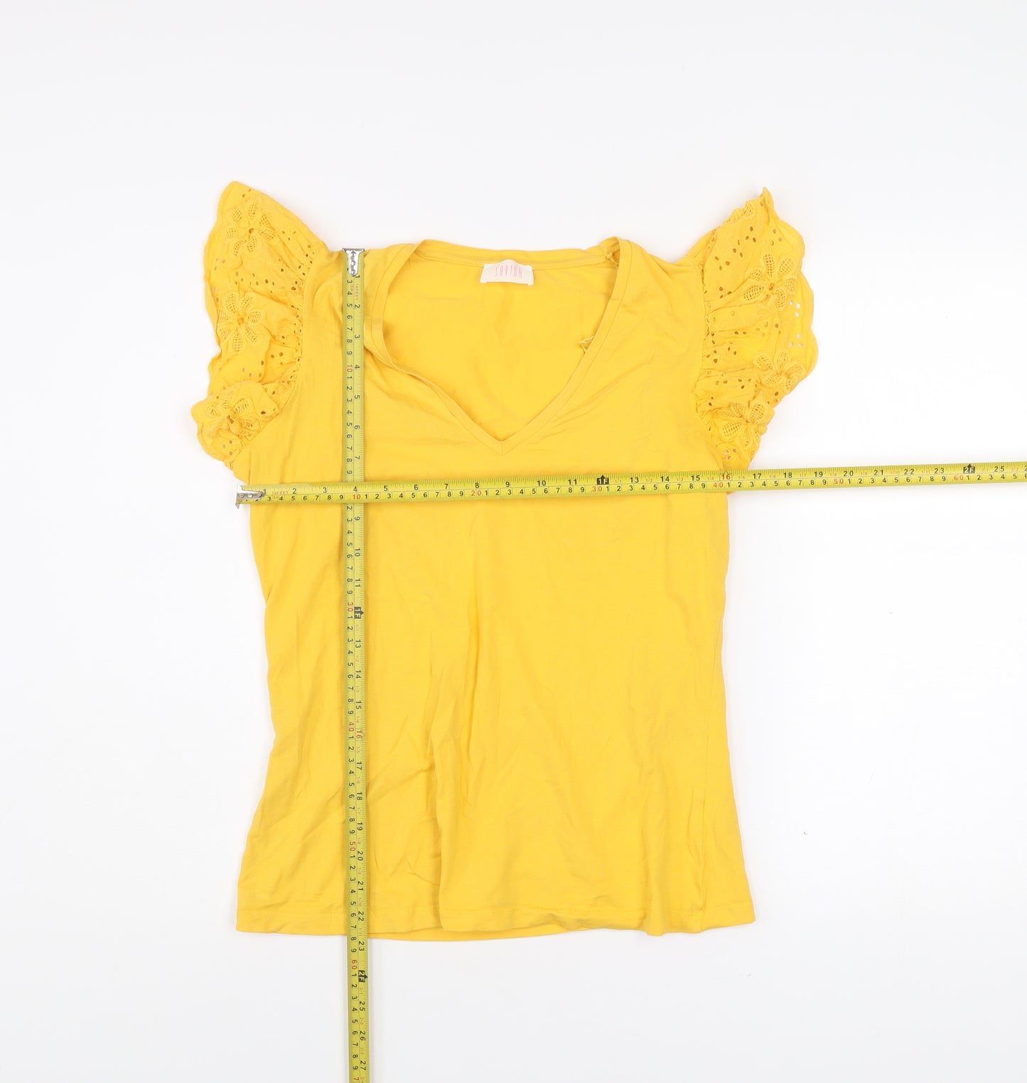 Savida Womens Yellow Embroidered Flutter Sleeve V-Neck T-Shirt Size 12