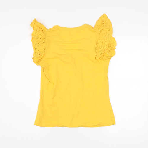 Savida Womens Yellow Embroidered Flutter Sleeve V-Neck T-Shirt Size 12