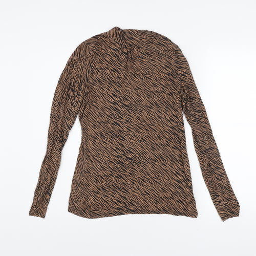 Oasis Women Brown Animal Print Viscose Tunic Blouse M Long Sleeve