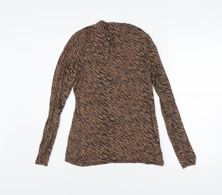 Oasis Women Brown Animal Print Viscose Tunic Blouse M Long Sleeve
