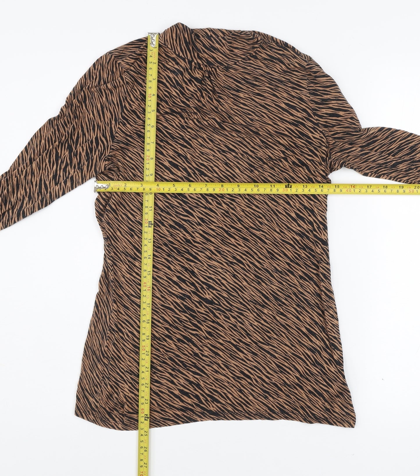 Oasis Women Brown Animal Print Viscose Tunic Blouse M Long Sleeve