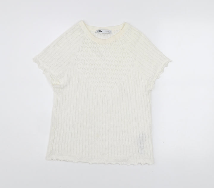 Zara Women’s Ivory Knit T-Shirt XL Crew Neck Short Sleeve Lightweight