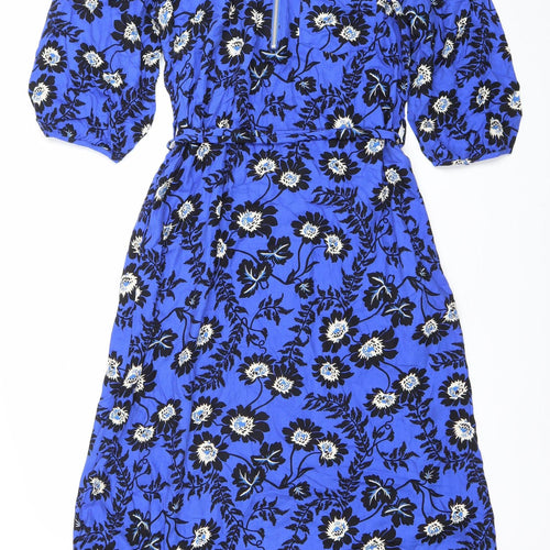 Next Womens Blue Floral Wrap Midi Dress Size 10 V-Neck 3/4 Sleeve