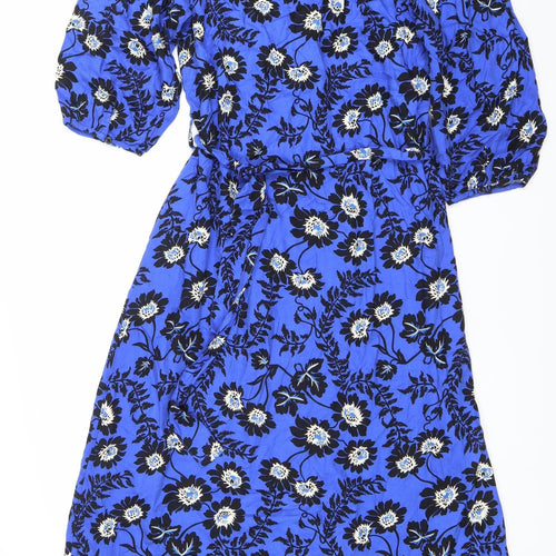 Next Womens Blue Floral Wrap Midi Dress Size 10 V-Neck 3/4 Sleeve