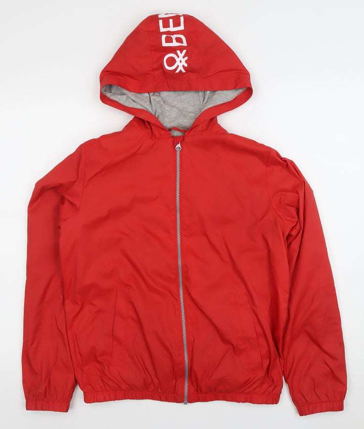 Benetton Boys Red Windbreaker Jacket 13-14 Years Hooded Full Zip