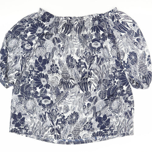 H&M Womens Blue Floral Off Shoulder Blouse Size 12 Puff Sleeve