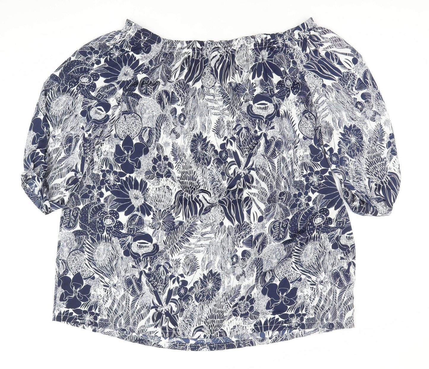 H&M Womens Blue Floral Off Shoulder Blouse Size 12 Puff Sleeve