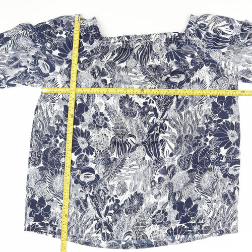 H&M Womens Blue Floral Off Shoulder Blouse Size 12 Puff Sleeve