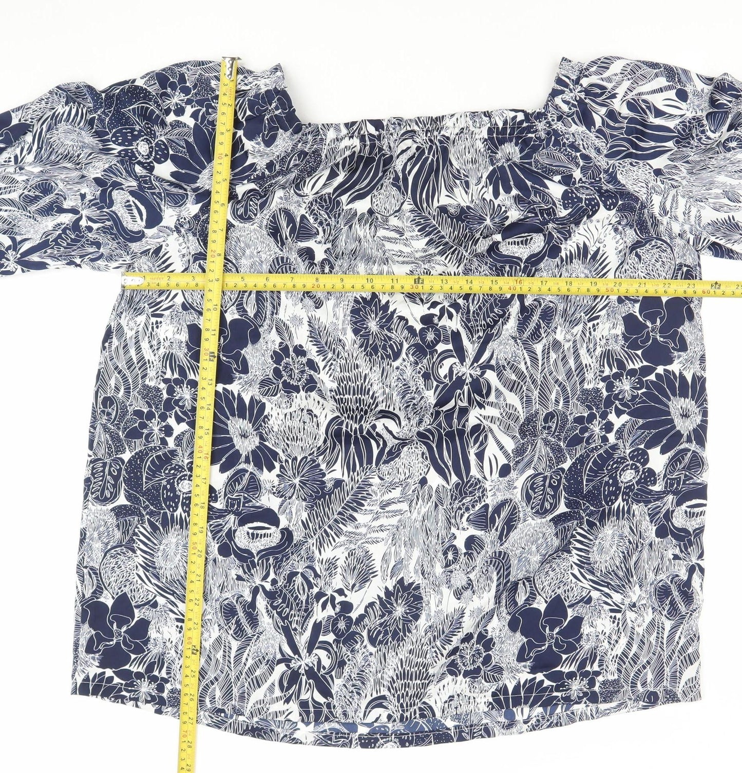 H&M Womens Blue Floral Off Shoulder Blouse Size 12 Puff Sleeve