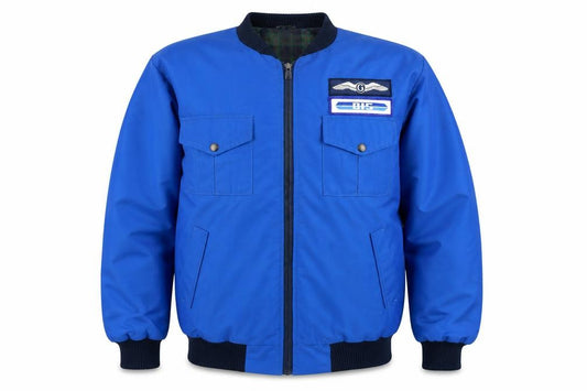 Front view of Poplaran Brand Men's Blue Bomber Jacket, size 48, Vintage Style