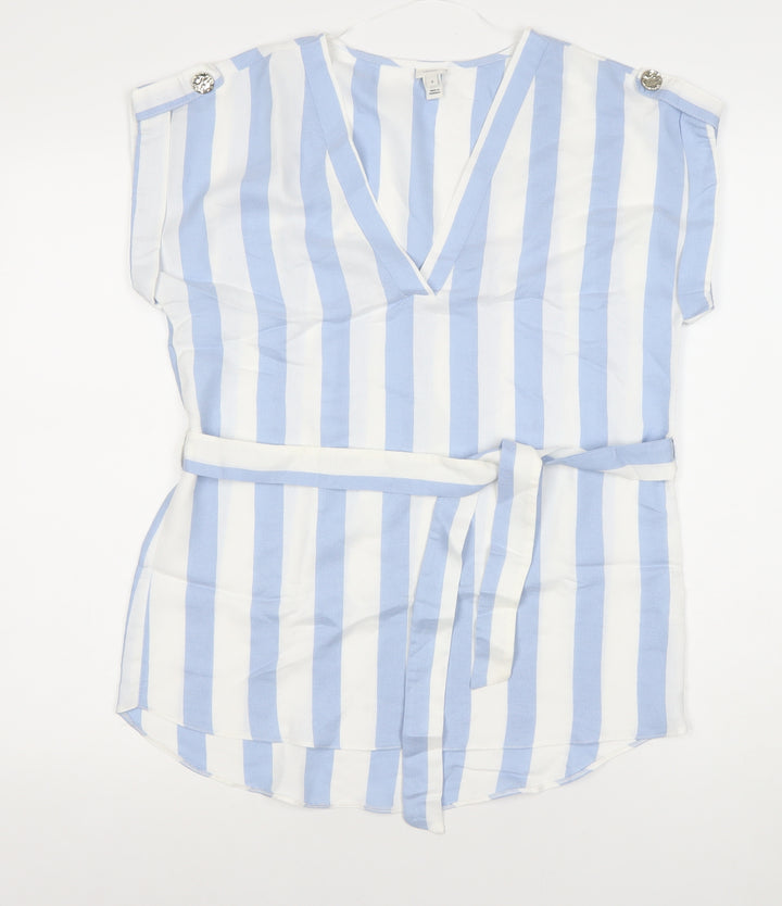 River Island Women’s Blue White Striped Belted Tunic Blouse Size 8
