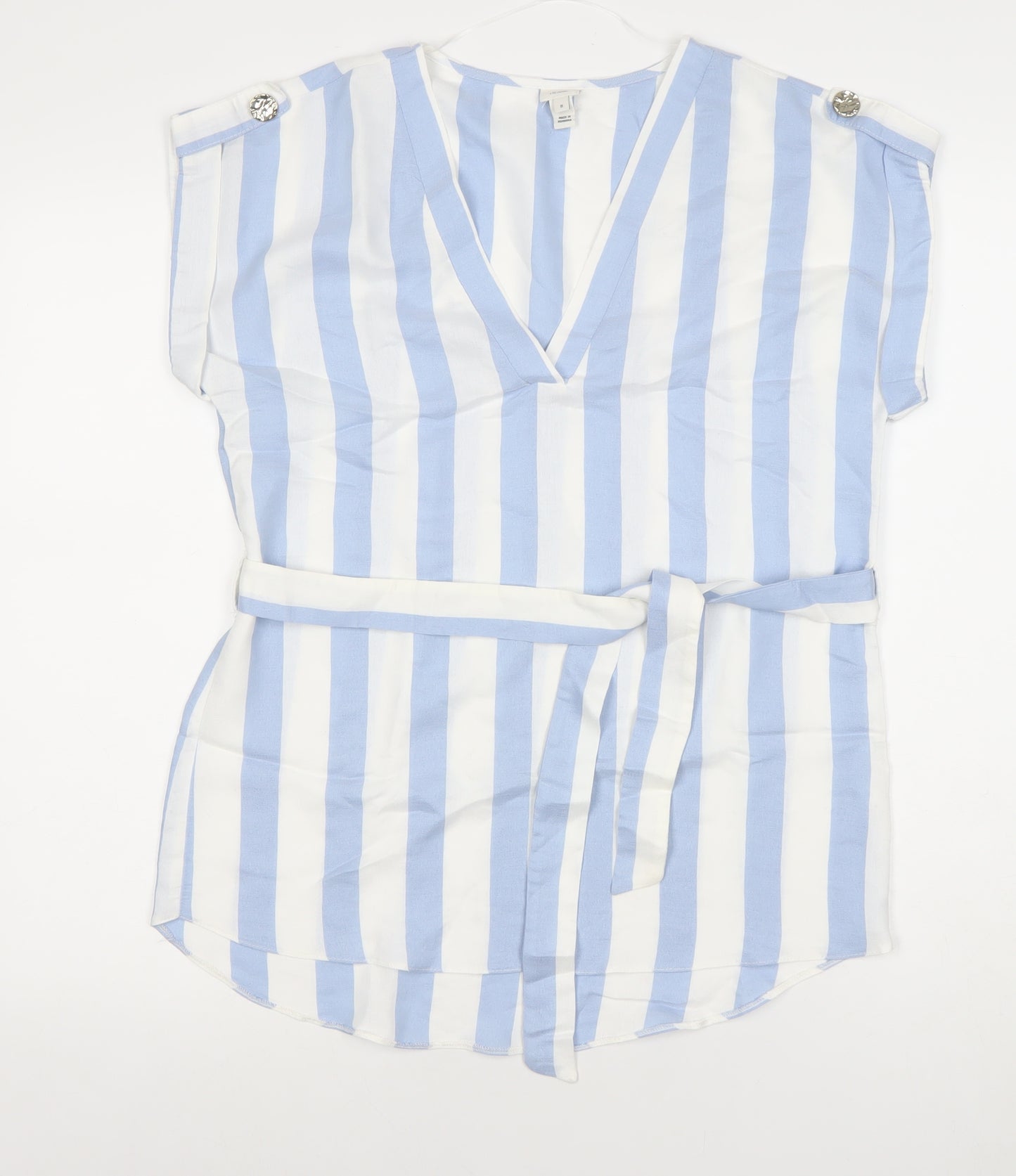 River Island Women’s Blue White Striped Belted Tunic Blouse Size 8