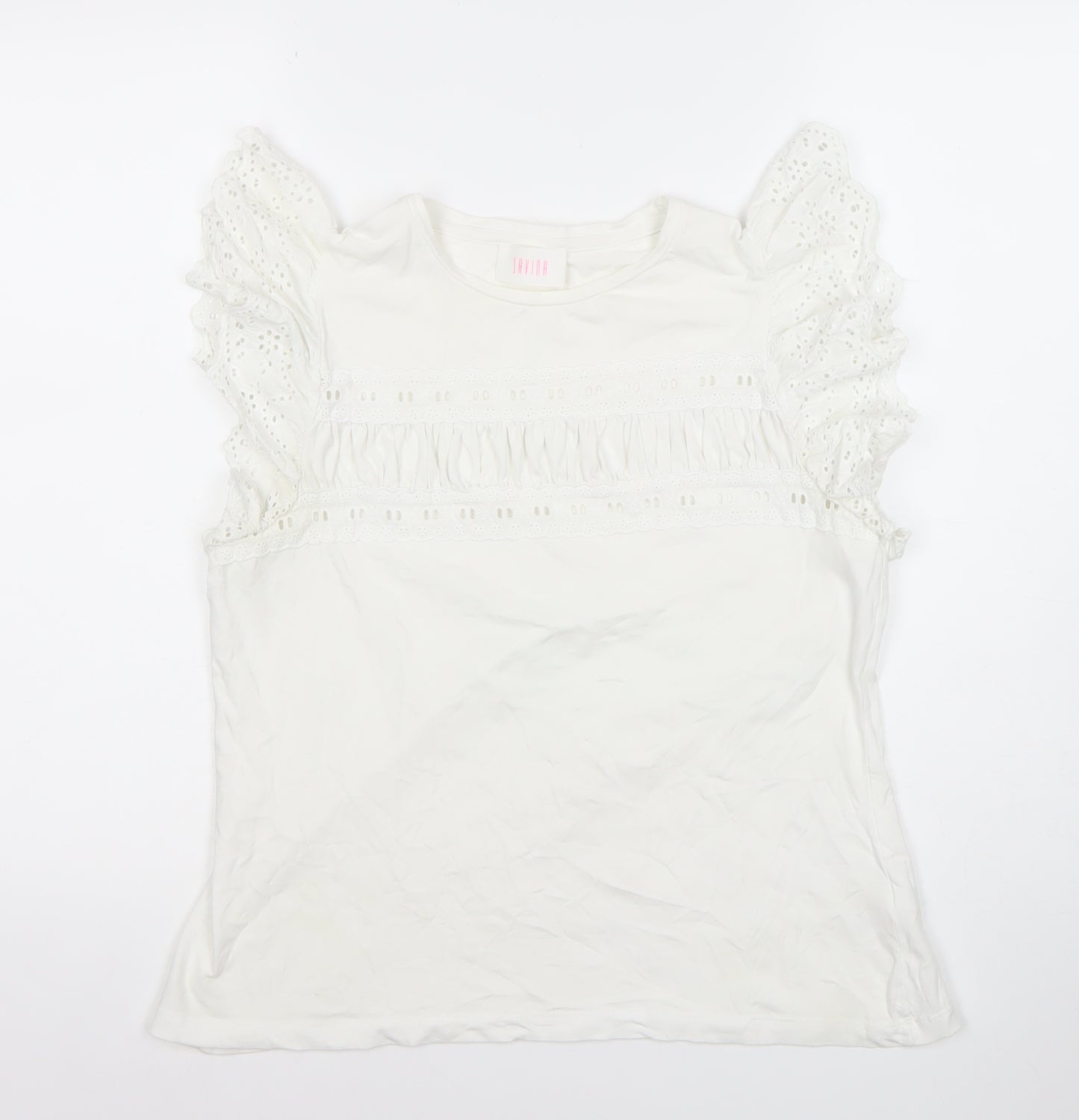 Savida Womens White Cotton Ruffle Sleeve Tunic Blouse Size 14