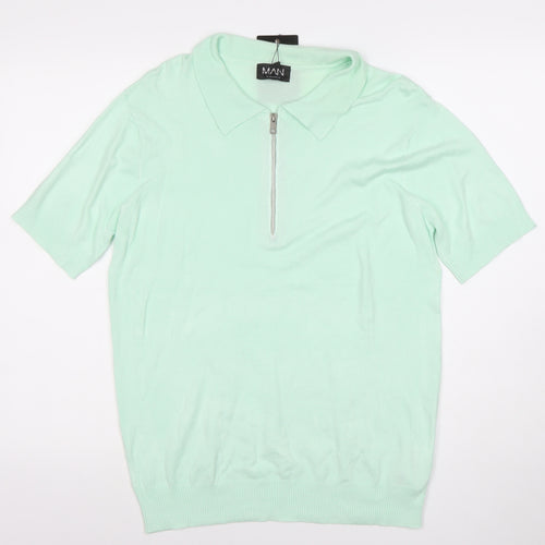 boohooMAN Unisex Green Polo Shirt M Short Sleeve Zip Collared Top