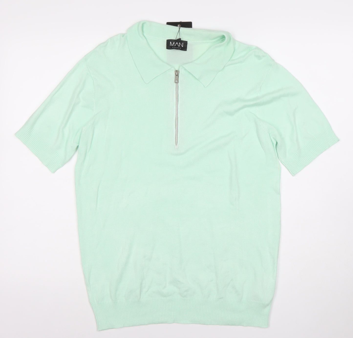 boohooMAN Unisex Green Polo Shirt M Short Sleeve Zip Collared Top