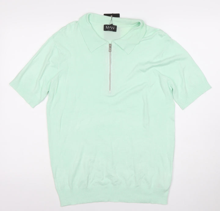 boohooMAN Unisex Green Polo Shirt M Short Sleeve Zip Collared Top