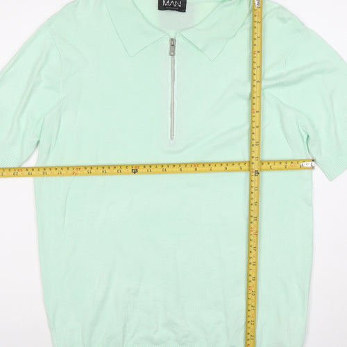 boohooMAN Unisex Green Polo Shirt M Short Sleeve Zip Collared Top