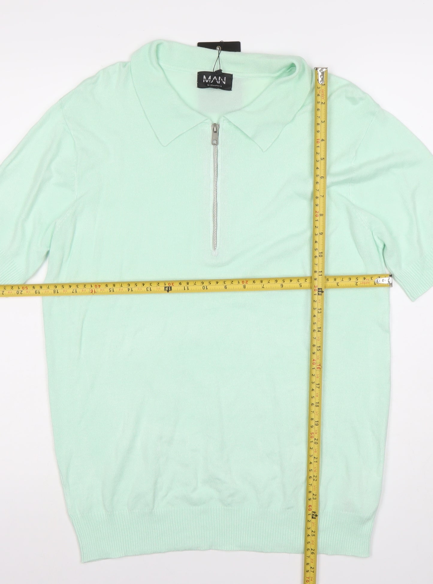 boohooMAN Unisex Green Polo Shirt M Short Sleeve Zip Collared Top