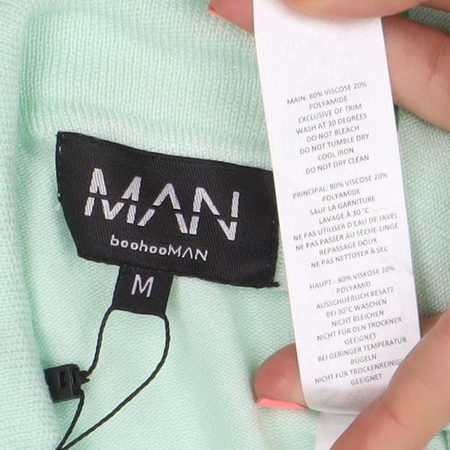 boohooMAN Unisex Green Polo Shirt M Short Sleeve Zip Collared Top