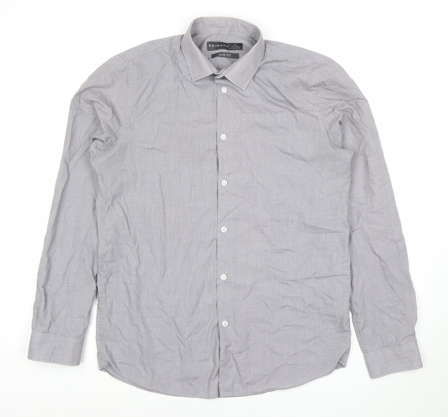 Primark Men's Grey Slim Fit Long Sleeve Button-Up Shirt Size 15.5