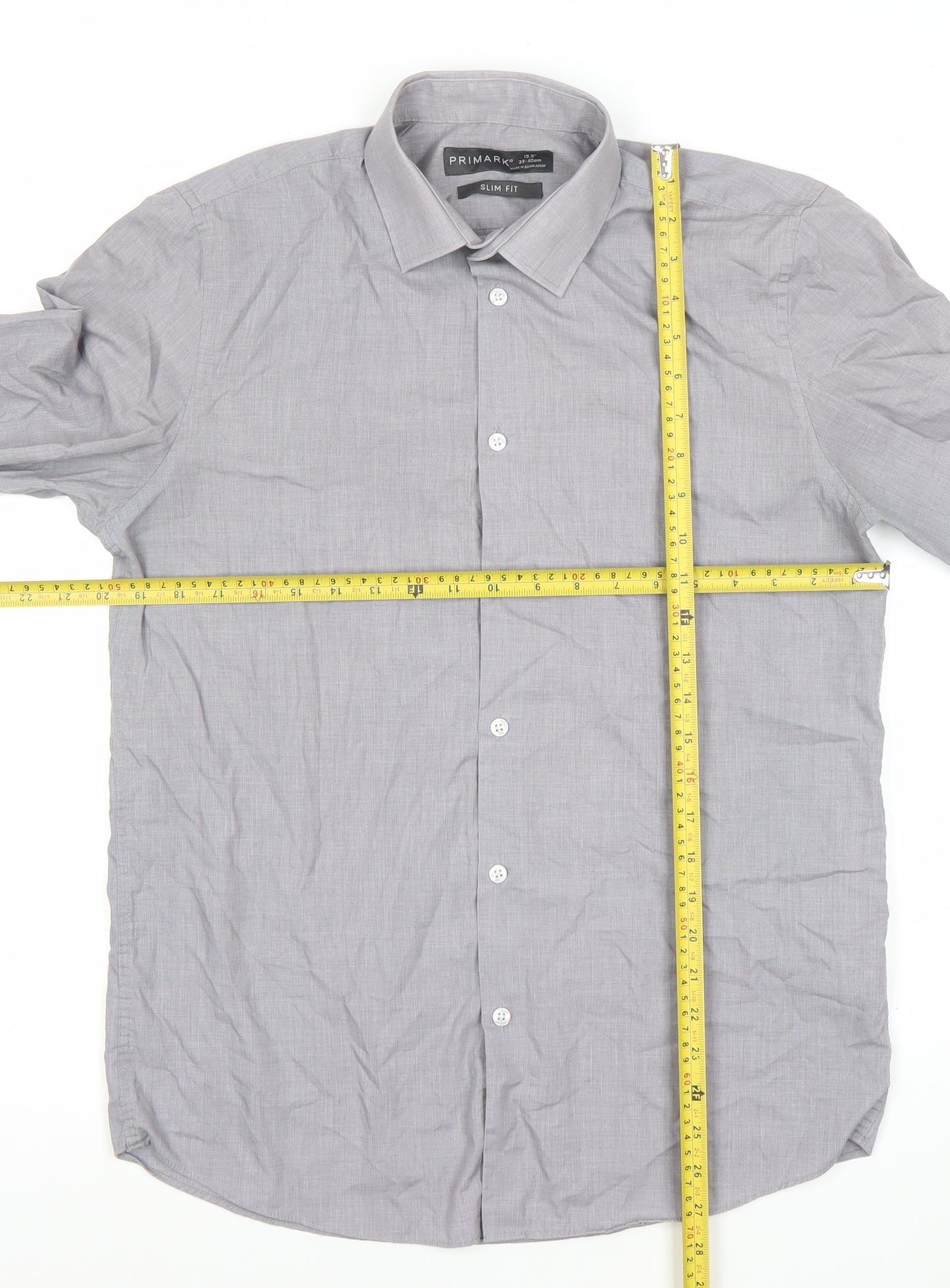 Primark Men's Grey Slim Fit Long Sleeve Button-Up Shirt Size 15.5