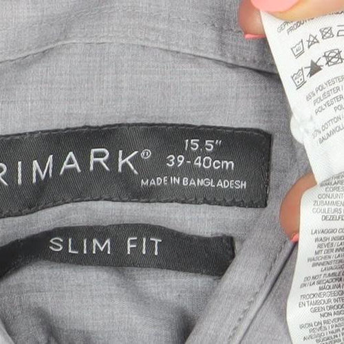 Primark Men's Grey Slim Fit Long Sleeve Button-Up Shirt Size 15.5